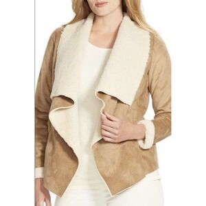 Ralph Lauren Faux Suede Sherpa Fleece Draped Front Luxury Jacket Tan Beige Small